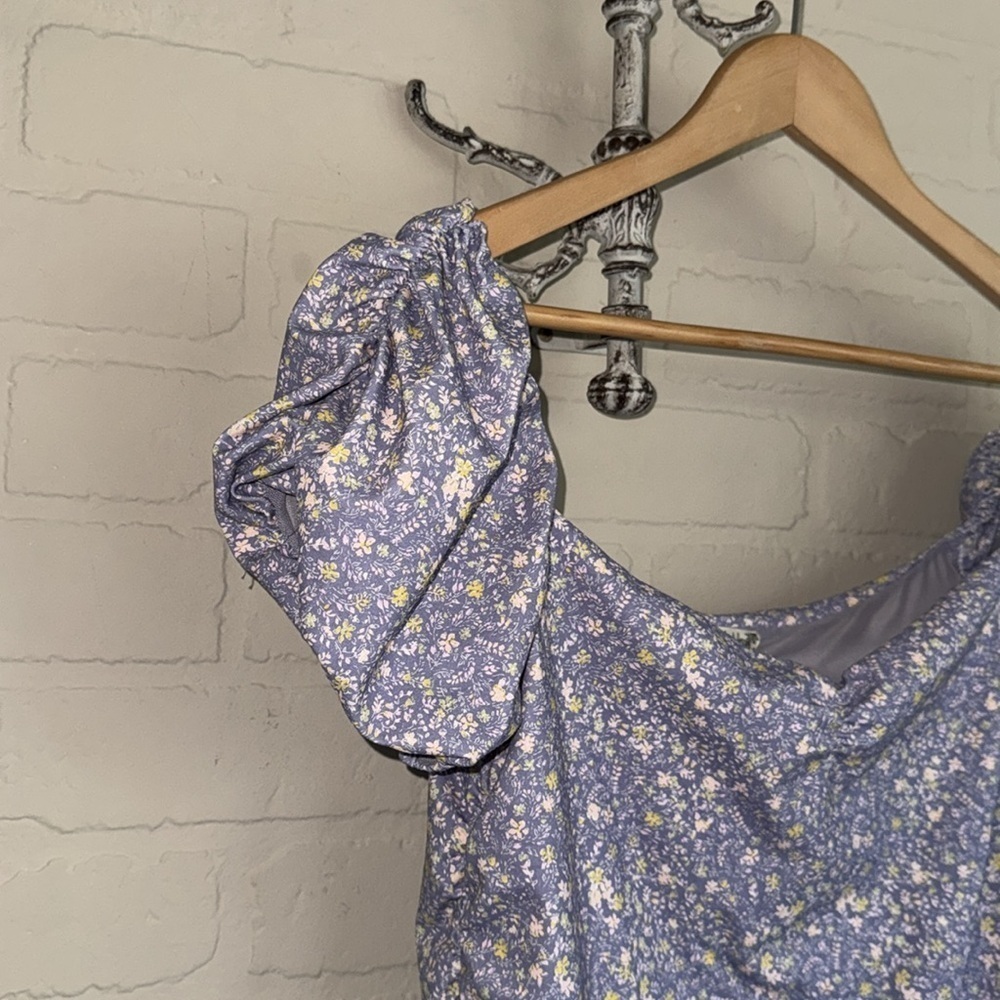 Free People bodysuit puff ruched shirt sleeve Bella chambray combo floral xL NeW - Picture 4 of 11